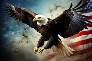 Careca Águia vôo com americano bandeira dentro fundo. 3d ilustração. americano Careca Águia vôo, símbolo do América com bandeira, ai gerado foto