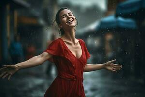feliz mulher música dançando chuva. gerar ai foto