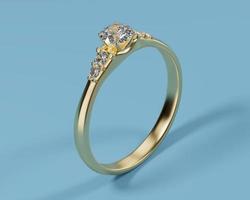 anel de diamante de ouro isolado em fundo azul, renderização em 3d.