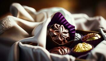 chocolates e chocolate bombons dentro uma presente caixa Como uma luxo feriado presente, generativo ai foto