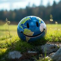 adorável e lindo planeta terra sorridente em mundo sorrir dia foto