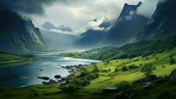 montanha norueguês fiordes dramático ai gerado foto