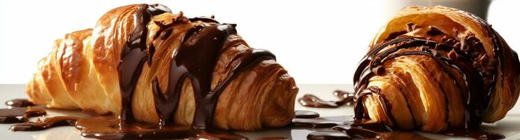 delicioso café da manhã - chocolate croissant com realista detalhes. generativo ai, culinária fotografia este captura a detalhe e realista textura do croissants, com escorrendo derretido chocolate. foto