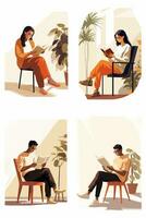 conjunto do menina e uma cara estão sentado em uma cadeira e lendo uma livro. plano desenho animado ai ilustração foto