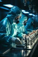 cientista dentro protetora terno colecionar vírus amostras dentro estéril laboratório meio Ambiente foto
