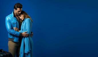 choroso casal abraçando às aeroporto portão isolado em uma azul gradiente fundo foto