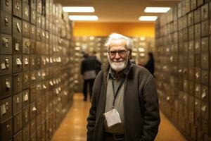 uma foto do retrato do Senior homem em pé dentro arquivo às universidade. foco em dele face generativo ai