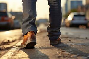 homem caminhando em a rua às pôr do sol, fechar-se do masculino pernas generativo ai foto