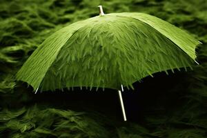 uma tiro do verde guarda-chuva dentro a chuva em uma fundo do verde grama, fechar acima generativo ai foto