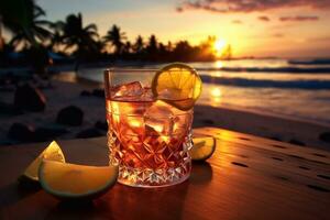 tequila nascer do sol coquetel em uma tropical de praia com Palma árvores e pôr do sol generativo ai foto