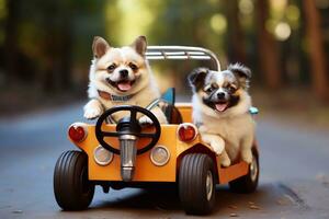 uma tiro do dois fofa chihuahua cachorros dirigindo uma brinquedo carro em a estrada generativo ai foto