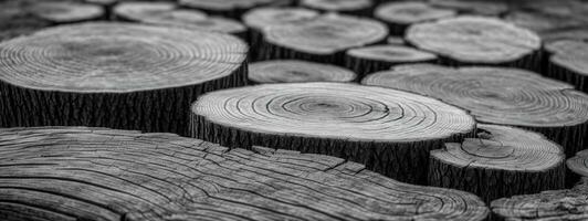 caloroso cinzento cortar madeira textura. detalhado Preto e branco textura do uma derrubado árvore tronco ou toco. rude orgânico árvore argolas com fechar acima do fim grão.. ai gerado foto