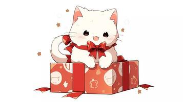 fofa gatinho sentar Próximo para uma caixa do Natal presente com Natal vibrações foto