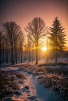 pôr do sol dentro a madeira dentro inverno período. ai gerado foto