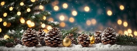 Natal decoração bandeira - Nevado pinho cones em abeto ramo com luzes. ai gerado foto