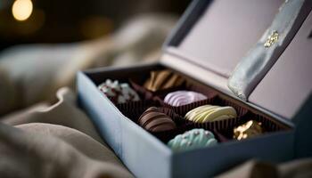 chocolates e chocolate bombons dentro uma presente caixa Como uma luxo feriado presente, generativo ai foto