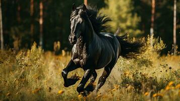 uma Preto cavalo corrida em a Largo Relva foto