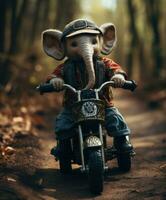 uma fofa bebê elefante em uma minibike equitação através uma floresta foto