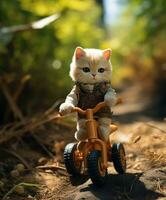 uma brinquedo fofa gato em uma minibike equitação através uma floresta foto