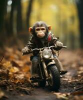 uma chimpanzé em uma minibike equitação através uma floresta foto