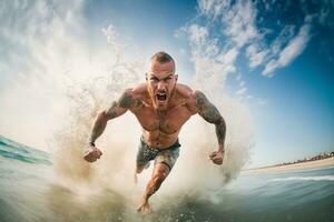 homem surfista dentro a água dentro movimento, ele é sobrecarregado com emoções. extremo esporte. ir pró Largo ângulo tiro foto