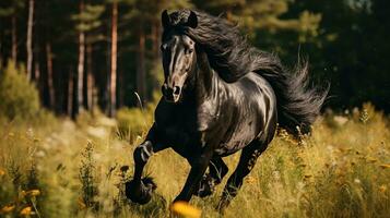 uma Preto cavalo corrida em a Largo Relva foto