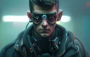 cyberpunk homem retrato futurista néon estilo vestem uma robótico fone de ouvido foto