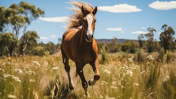 uma cavalo corrida em a Largo Relva foto