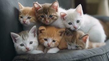 uma grupo do adorável gatinhos acariciado acima juntos foto