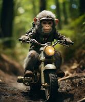 uma chimpanzé em uma minibike equitação através uma floresta foto