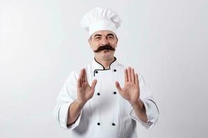 uma homem chefe de cozinha com uma barba e bigode dentro uma branco uniforme cumprimenta clientes. branco fundo. foto