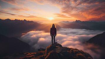 uma mulher em topo do uma montanha pico com Visão do nuvens e nascer do sol foto