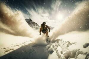 uma jovem homem em uma snowboard corre às ótimo Rapidez a partir de uma Nevado montanha. extremo esporte. ir pró Largo ângulo tomada. foto
