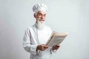 uma homem chefe de cozinha com uma barba e bigode dentro uma branco uniforme cumprimenta clientes. branco fundo. foto