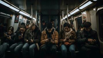 cansado pessoas sentar dentro a metrô carro e Veja às seus telefones foto