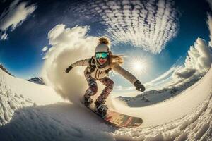 uma jovem menina em uma snowboard corre às ótimo Rapidez a partir de uma Nevado montanha. extremo esporte. ir pró Largo ângulo tomada. foto