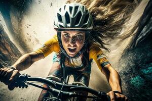 uma jovem menina em uma Esportes bicicleta corre fora da estrada às ótimo velocidade. extremo esporte. ir pró Largo ângulo tiro foto
