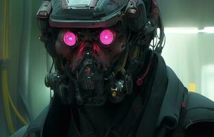 cyberpunk homem retrato futurista néon estilo vestem uma robótico fone de ouvido foto