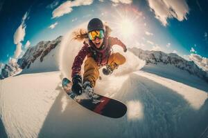 uma jovem menina em uma snowboard corre às ótimo Rapidez a partir de uma Nevado montanha. extremo esporte. ir pró Largo ângulo tomada. foto