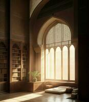 ai gerado. ai generativo - santuário do sabedoria - meditativo momentos dentro a islâmico biblioteca foto