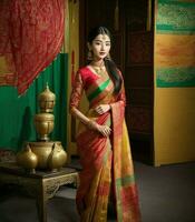 ai gerado. ai generativo - harmonia do culturas - chinês graça dentro Bangladeshi saree foto