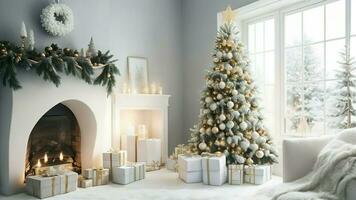 ai gerado. ai generativo - encantador Natal - festivo árvore, acolhedor lareira, e apresenta dentro uma delicioso casa foto