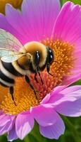 ai gerado. ai generativo - a íntimo encontro entre uma abelha e uma vibrante flor, a comemorar a Função do polinizadores foto