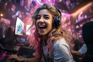 profissional e-sport jogador adolescente mulher com feliz expressão dentro jogo cibernético torneios. atiradores, cyber esporte, esport conceito generativo ai foto