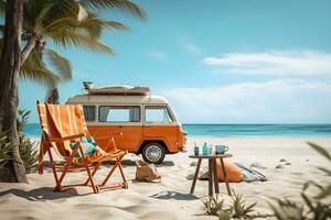 pronto para verão viagem. ilustração laranja furgão com coco Palma árvore, de praia cadeira e de praia acessórios. verão e feriado conceito. generativo ai foto