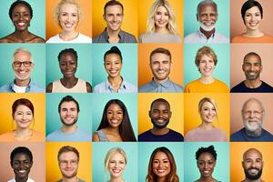 colagem do retratos e rostos do sorridente multirracial grupo do vários diverso pessoas para perfil cenário em colorida fundo. diversidade conceito. generativo ai. foto