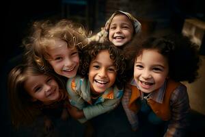 fechar-se rostos do feliz multinacional crianças abraçando e sorridente para a Câmera. fofa Garoto e menina olhando às a Câmera. ai generativo foto