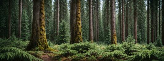 saudável verde árvores dentro uma floresta do velho abeto, abeto e pinho. ai gerado foto