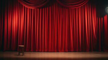 fechadas amassado vermelho cortina sobre esvaziar teatro estágio. ficar de pé clube. foto