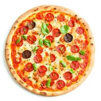 saboroso topo Visão pizza, italiano tradicional volta pizza em branco fundo. ai generativo foto